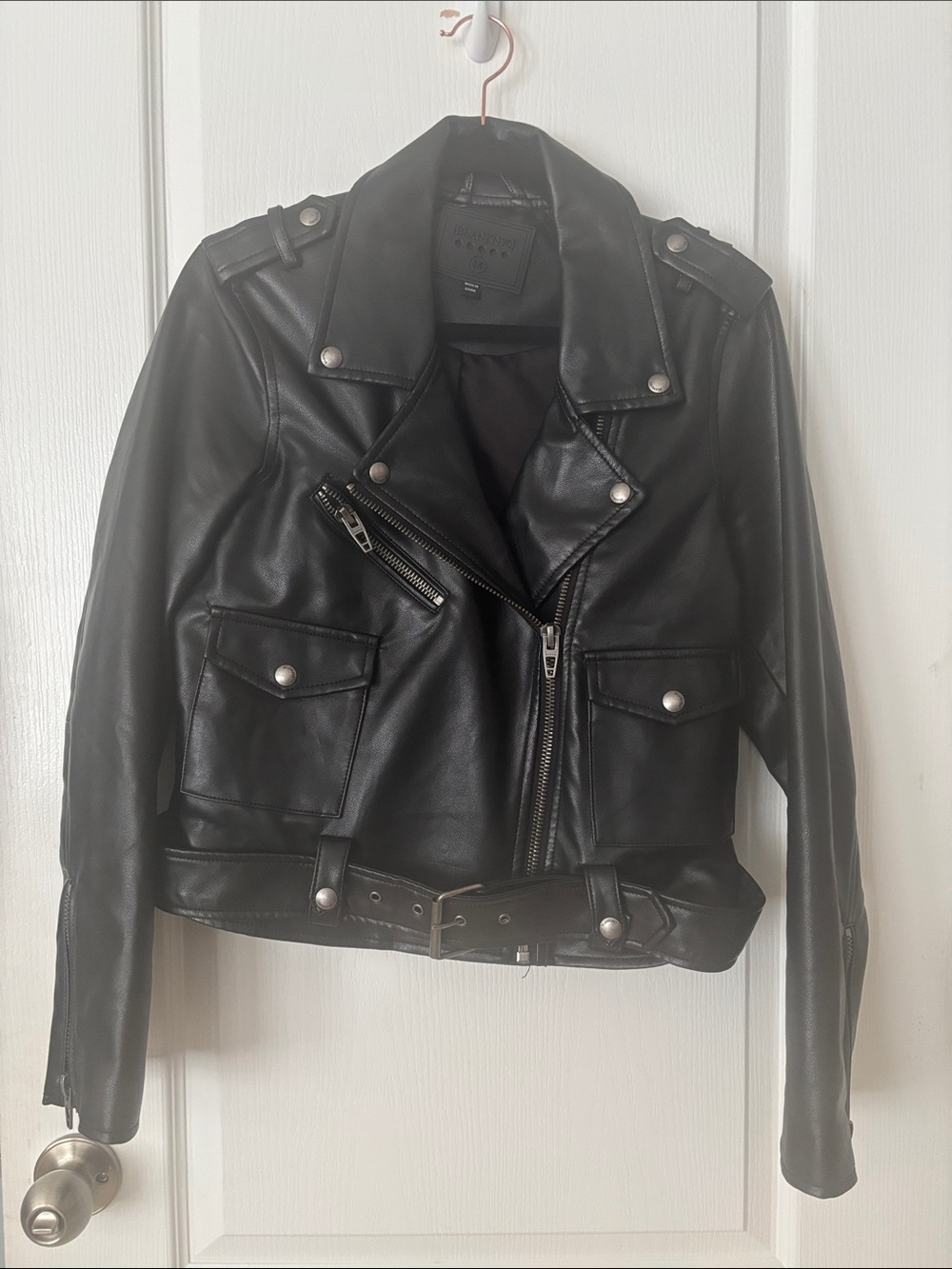 Blank NYC Black Faux Leather Biker Jacket with Belted Waist